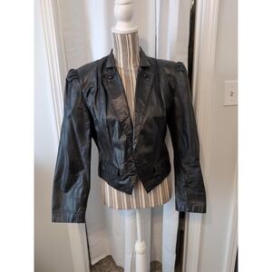 Vintage 80s Cropped Leather Jacket Black Women Size 13/14 Punk Rock Biker Retro